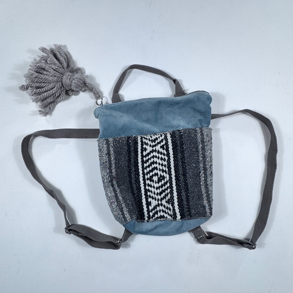 Blanket Girl Handmade‎ Blue Gray Aztec Fringe Mini Backpack Purse Boho Festival